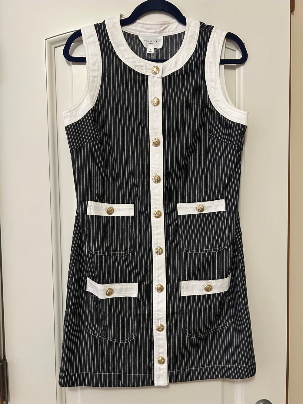 Pomander Place Black Pinstripe Mini Dress with White Trim